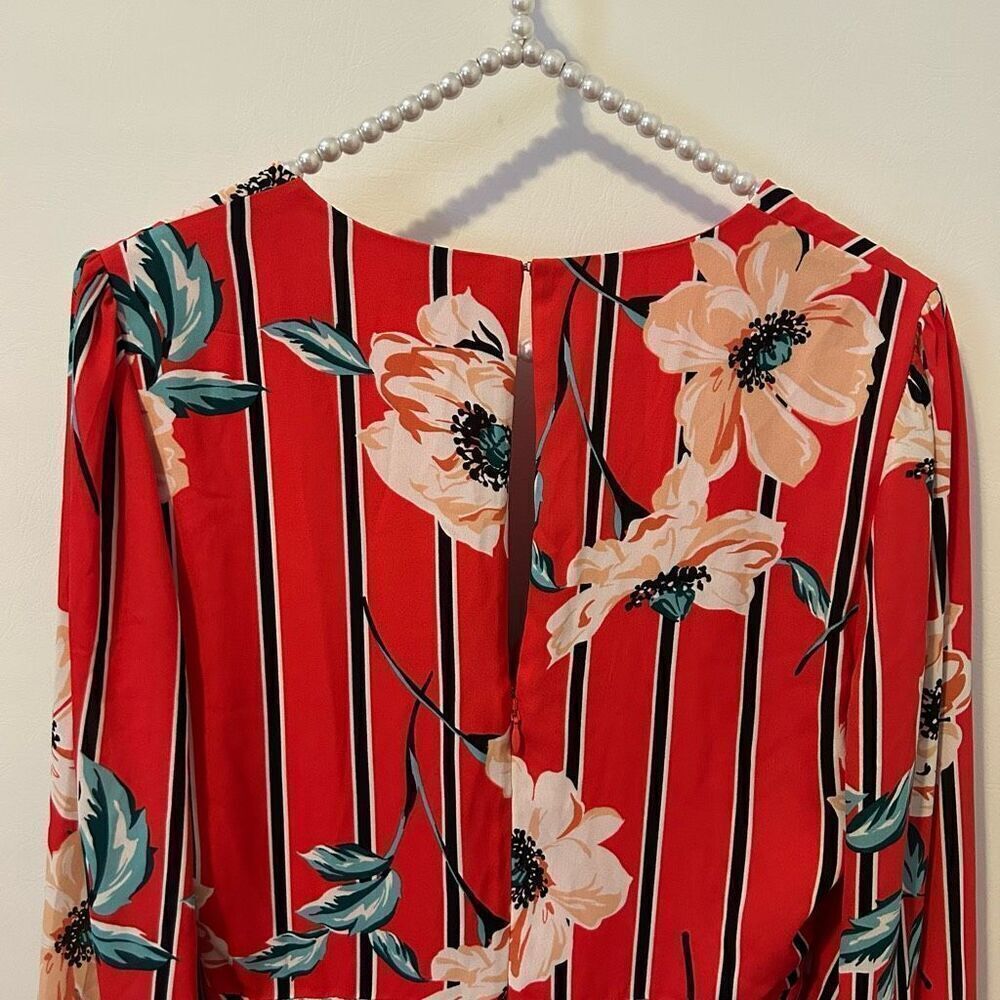 Express Women Dress small Red Floral Long Sleeve Mini Surplice wrap Lined fairy - Picture 10 of 13